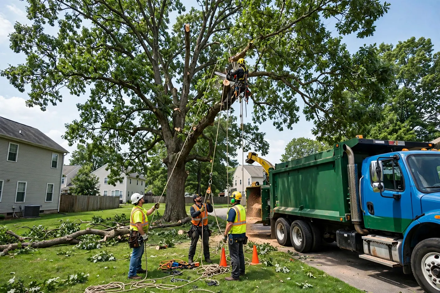 Tree service crew removing a large oak tree at a suburban Maryland home