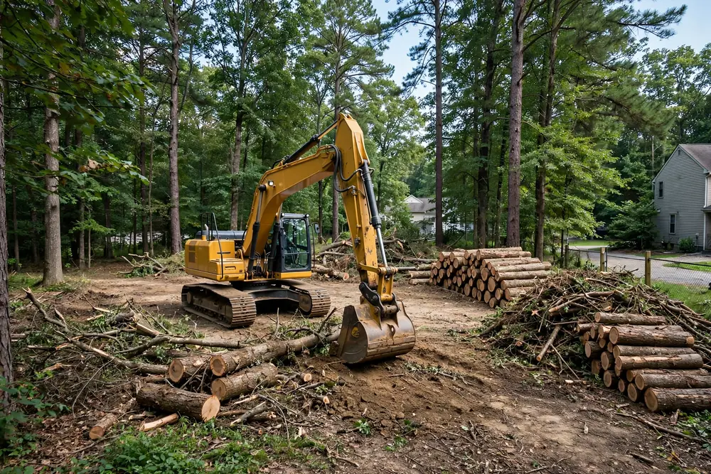 Excavator clearing trees on a residential lot