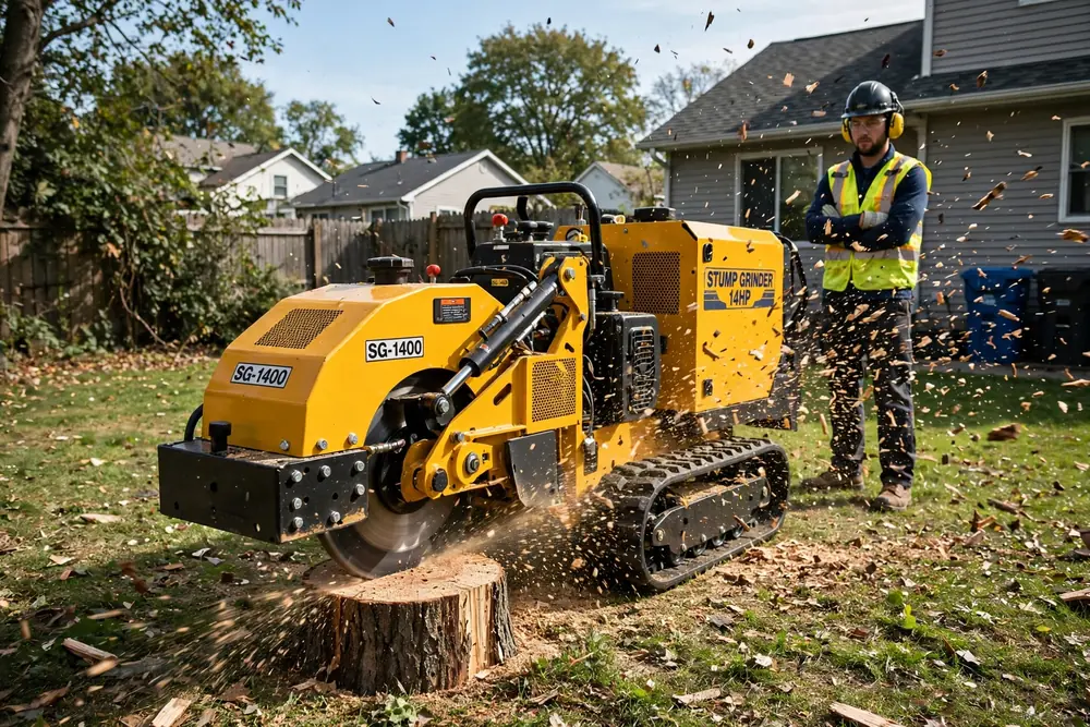 Stump grinding machine grinding a tree stump