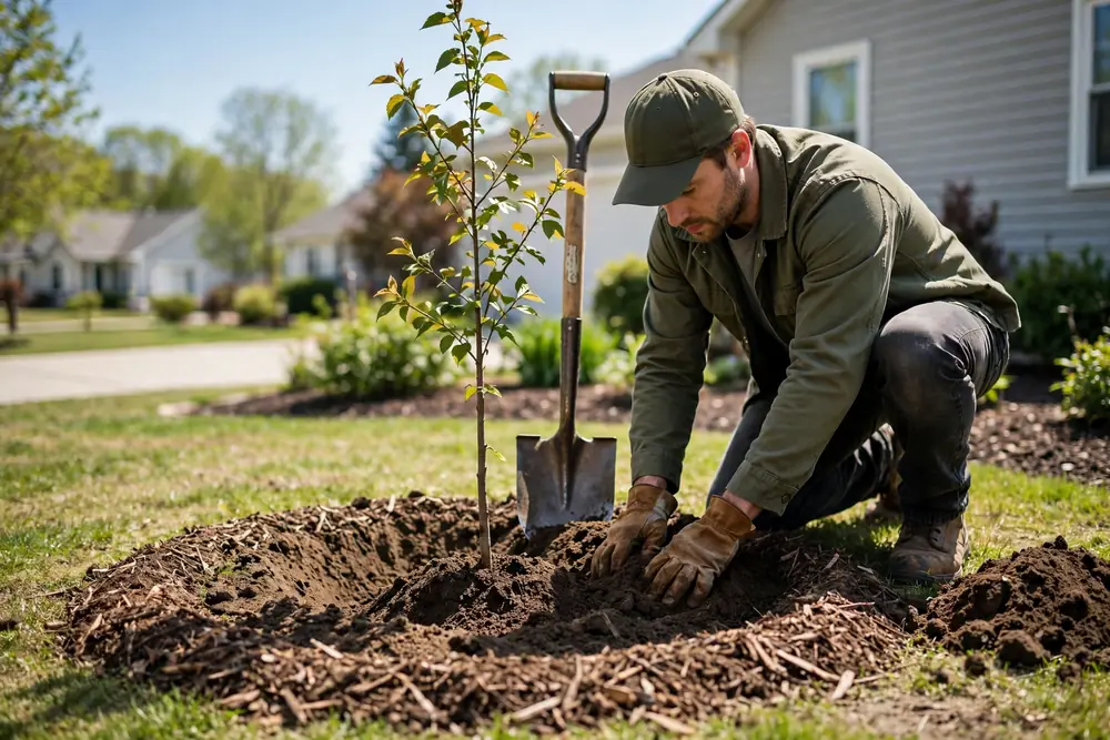 Worker planting a young tree in a front yard